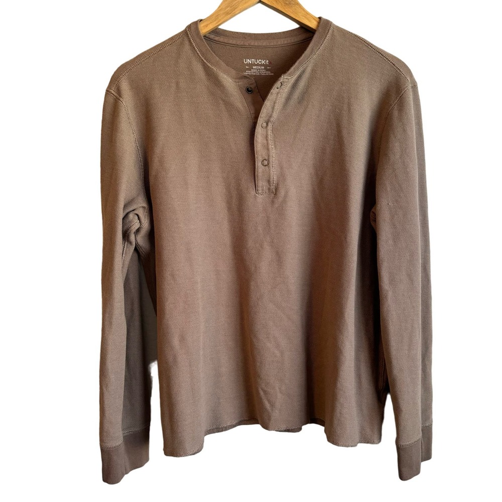 Untuckit Shirt Mens Medium Brown Henley Snaps Waffle Knit Thermal Long Sleeve
